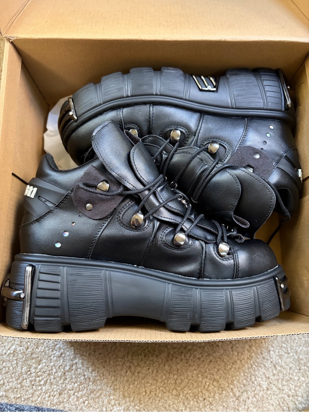 New in box platform black shoes/boots size 39 EU with silver accents